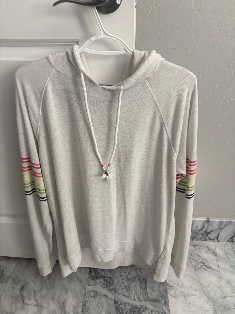 Set of top and bottom: Salvage Cream Hoodie with Multi-Color Sleeve Stripes
